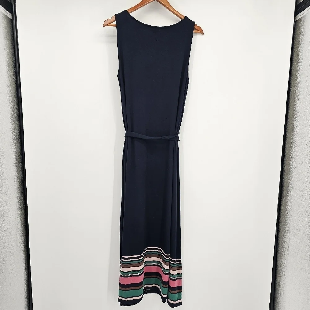 J Jill Sleeveless Jersey Knit Belted Maxi Dress Navy Blue Preppy Nautical Size M